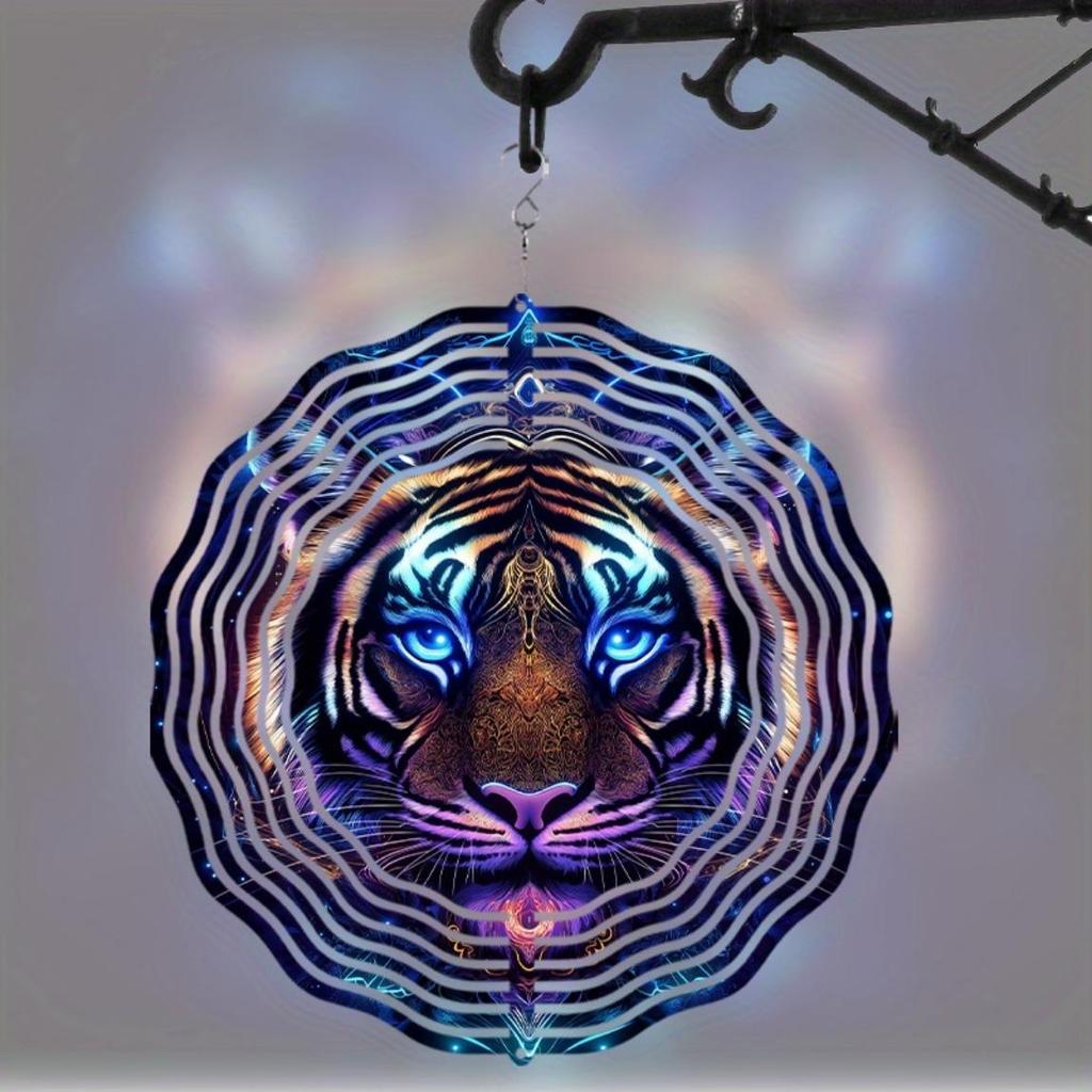 10 Inch Tiger Wind Spinner Outdoor Garden Decor with 360 Degree Rotating Hook Vibrant Blue Purple Design for Patio Lawn Yard Gift