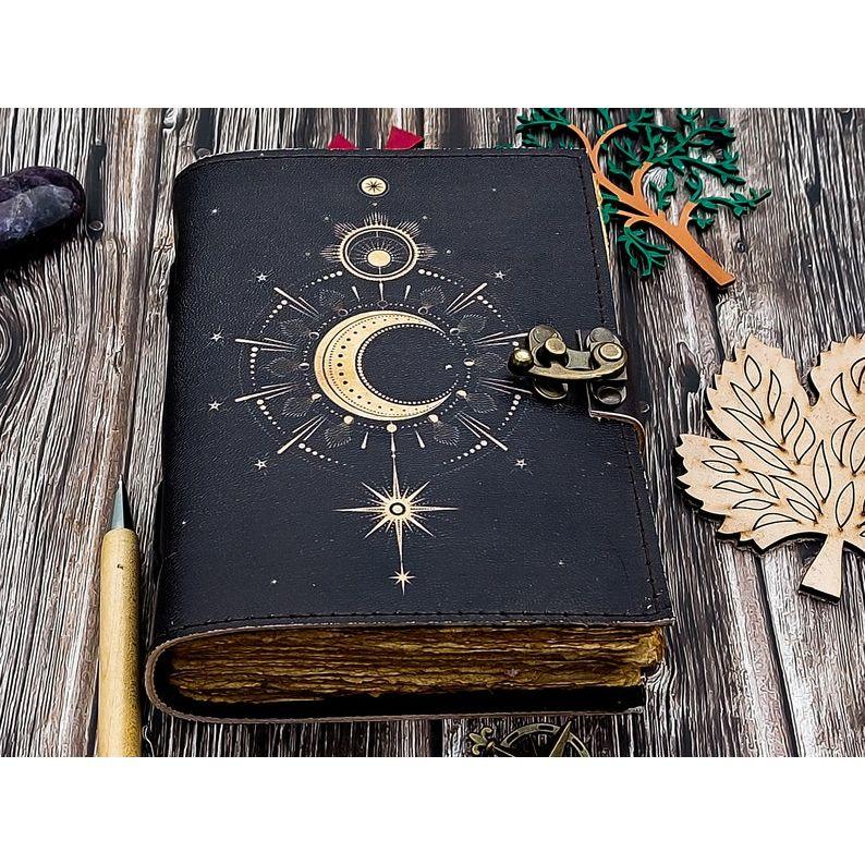 Sun Moon Leather Journal for Men Women 200 Pages of Antique Handmade Deckle Edge Vintage Paper Traveling Sketchbook Book