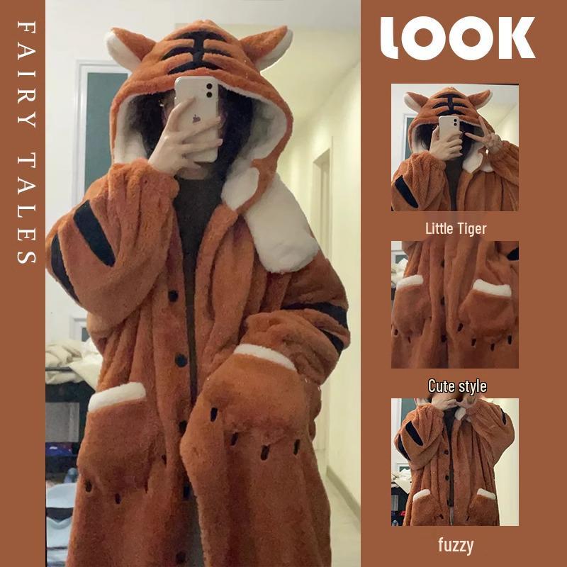 Women's Cute Cartoon Tiger Hooded Coral Fleece Pajamas - Thickened Long Sleeve Robe Suitable for Autumn and Winter, Wearable Outdoors.