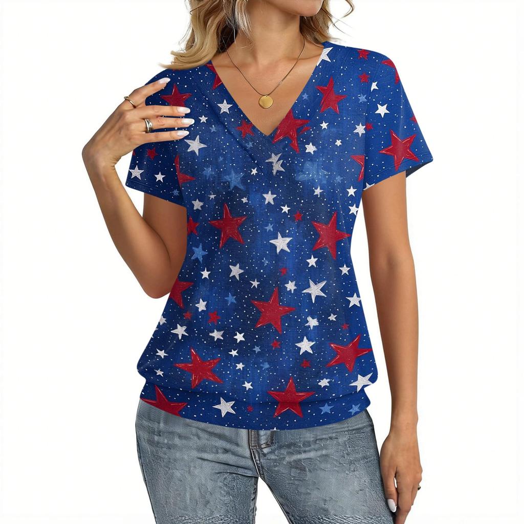 Women Casual Short Sleeve V Neck Top with Star Print Lightweight Breathable Fabric Suitable for Everyday Wear and Outdoor Activities