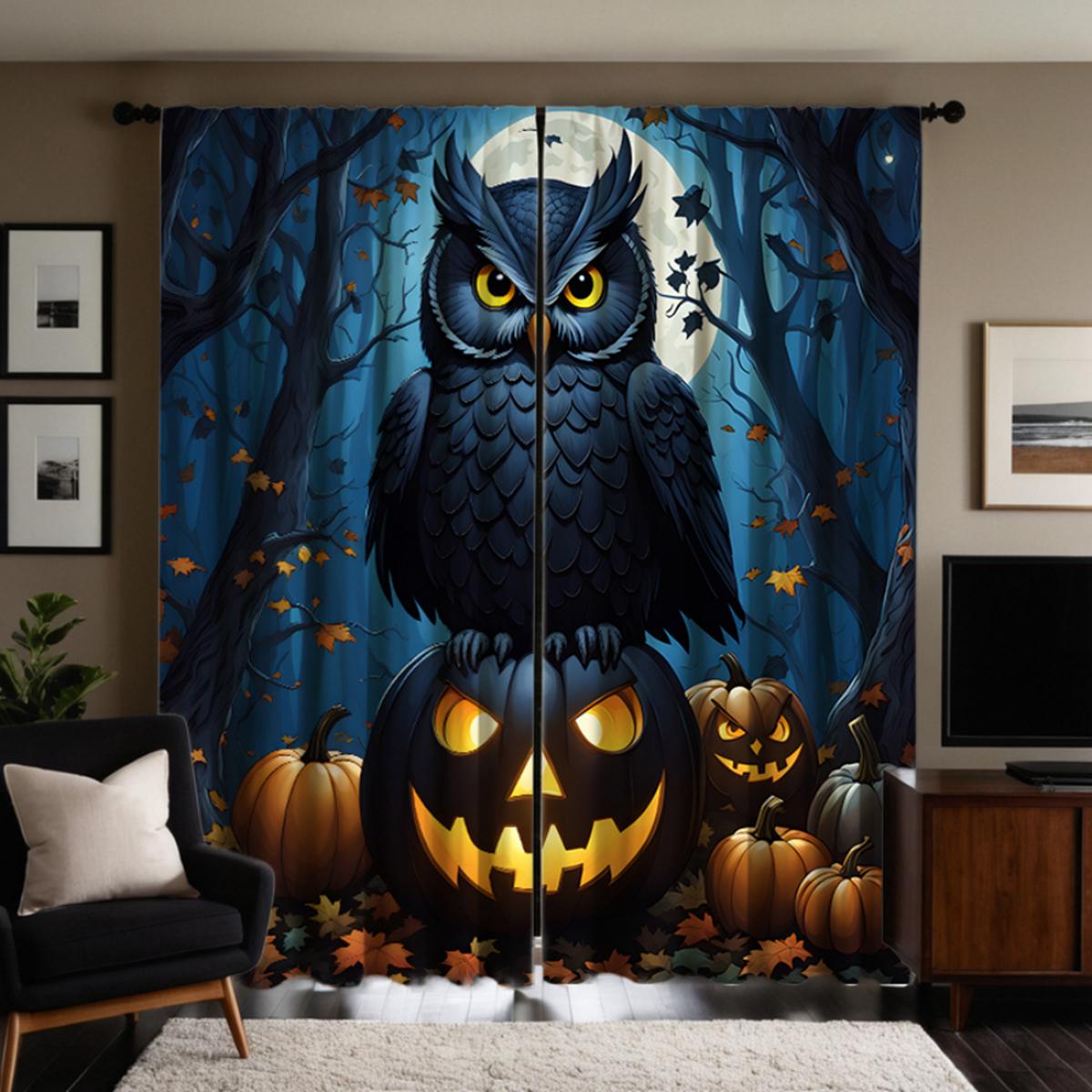 

Комплект из 2 предметов HD Хэллоуин Темная ночь сон Голова орла декоративная занавеска с синей завязкой цифровая печать занавеска украшение дома стиль D W52H63inchW132H160cm