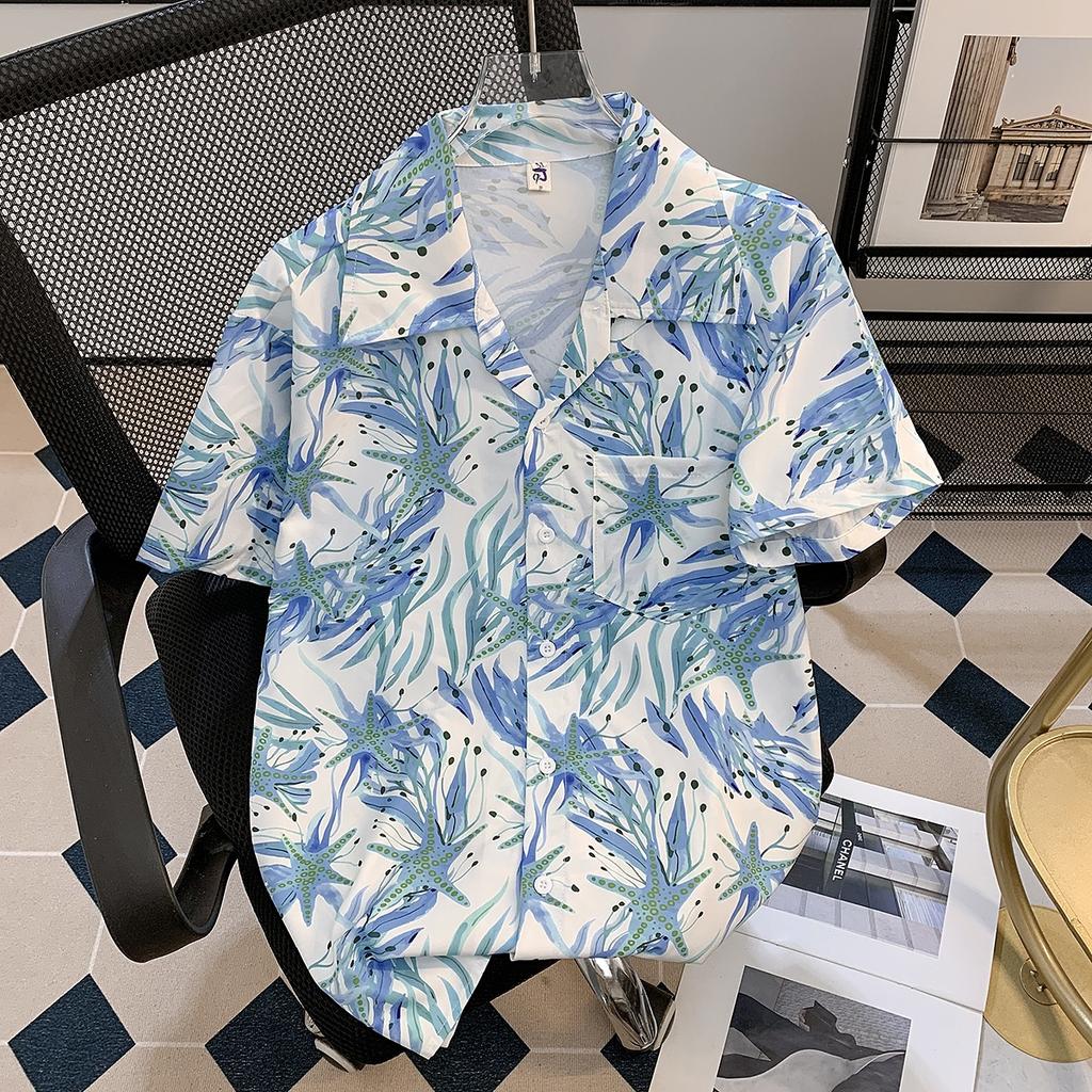 Strapping Rural Plant Floral Print Cuban Collar Short Sleeve Printed Shirt Men's Hawaiian Japanese-Style Retro Hong Kong Style Casual Top