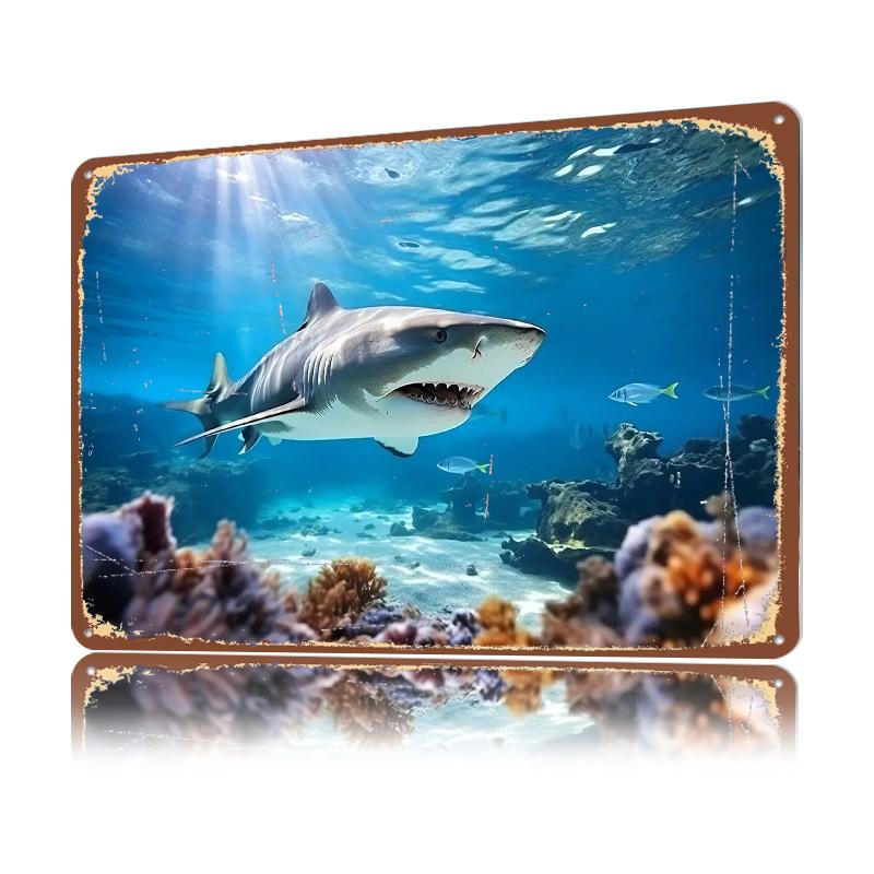 Shark Swimming In Ocean Personalized D Textured Metal Poster Wall Art Tinplate Sign for Home Decor Room Accessories House Items