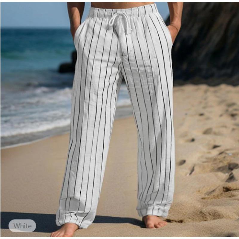 Men Vertical Stripe Linen Pants Drawstring Waist Loose Beach Jogger Trousers with Pockets M белый