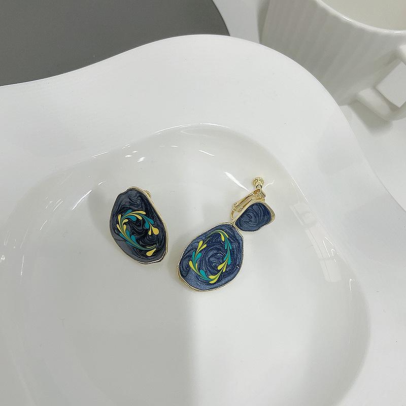 

S925 Silver Needle Asymmetrical Retro Oil Painting Ear Clips for Women (No Piercing Required)