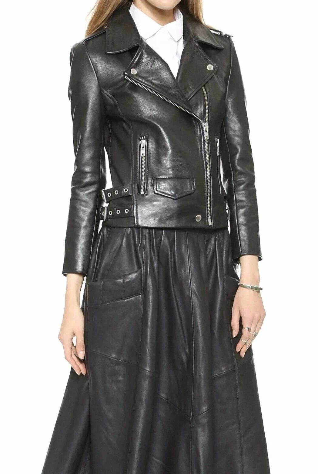 

Stylish Black Leather Women Jacket Handmade Real Genuine Lambskin Motorcycle Biker 3XL чёрный