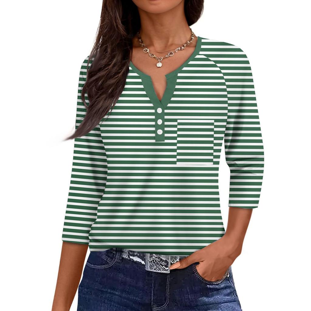 Ladies Casual Fashion V-neck Loose Versatile Striped Print Three-quarter Sleeves