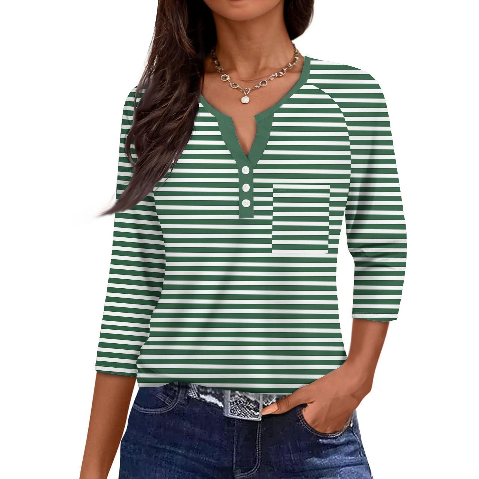 

Женская повседневная мода V-образный вырез Свободный Универсальный Полосатый принт Рукава три четверти S