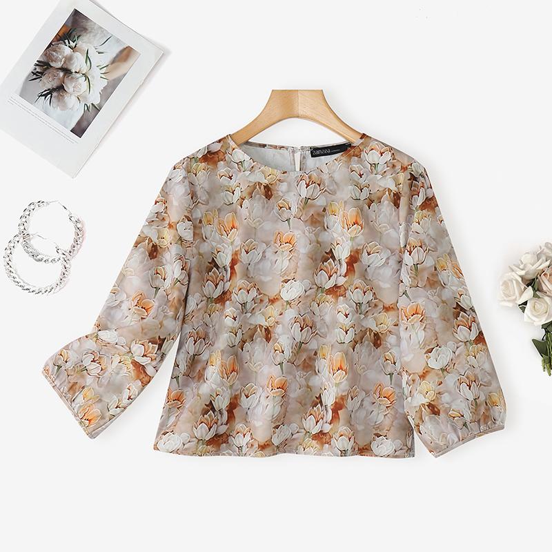 

ZANZEA Женская повседневная блузка с круглым вырезом и рукавом 3/4 с цветочным принтом 2XL хаки