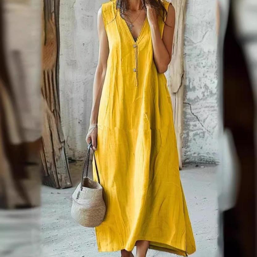 

Women’s Sleeveless V-Neck Button Detail Maxi Dress in Yellow, Blue, Black – Boho Casual Long Dress 3XL чорний