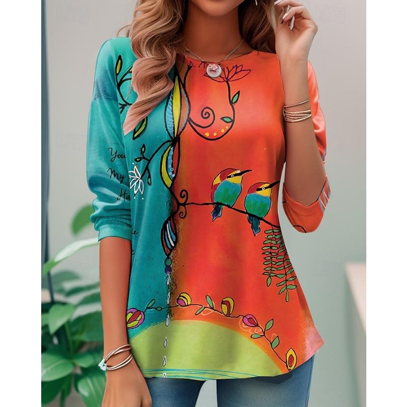 Flower Digital Pattern Women's Long Sleeved T-shirt Winter Warm T-shirt Top Fashionable Casual T-shirt Party Essential Top