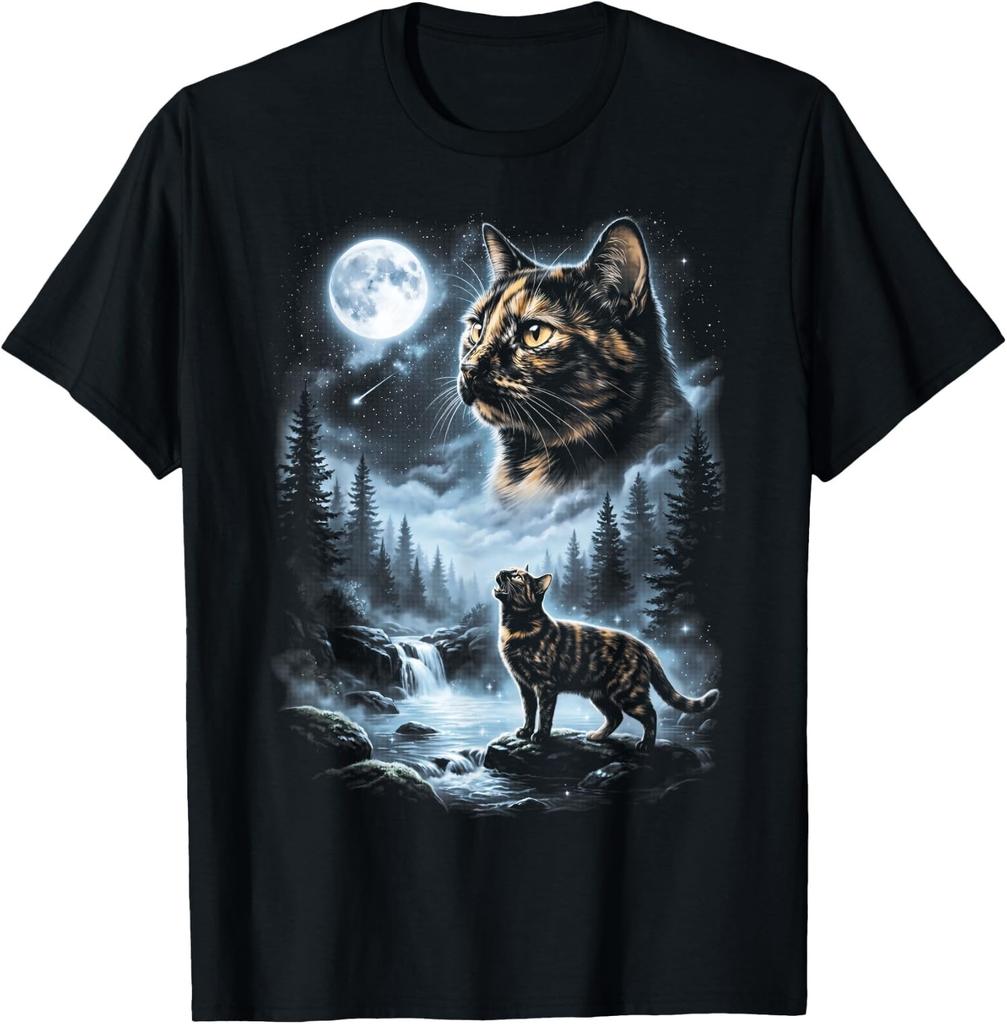 Tortoiseshell Cat Howling At Moon 90's Retro T-Shirt