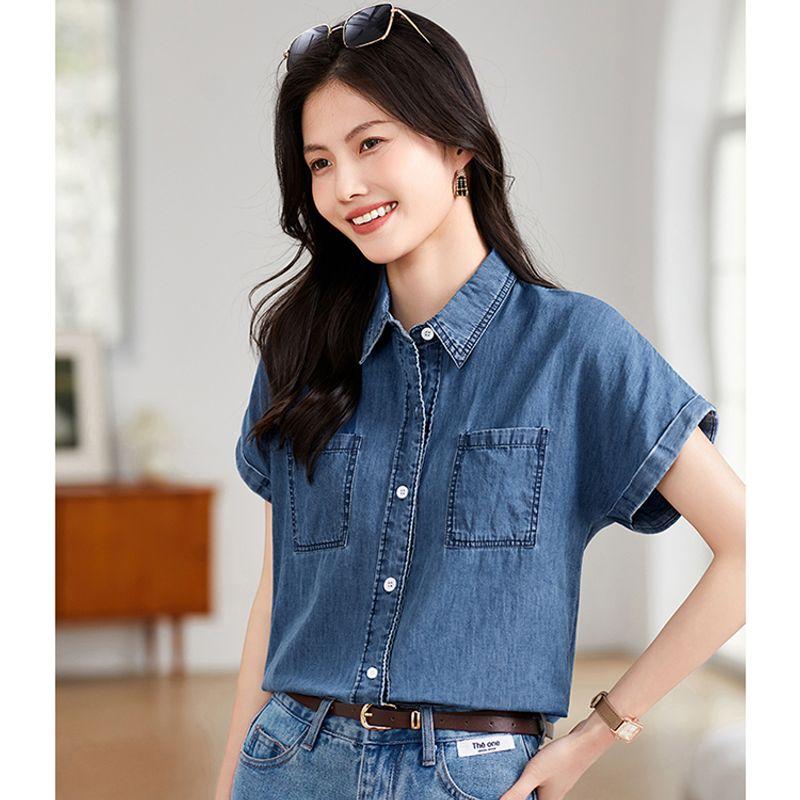 

K-style Summer New Arrival Student Lapels Single-Breasted Ice Silk Washing Water Denim Ice Silk Shoulder Short Sleeve Shirt Top Women Blue(Figure) 2XL