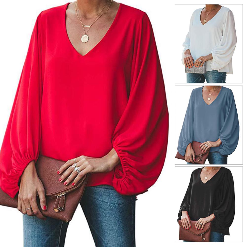 

Повседневная длинная затяжка Размер Шифон Свободная блузка Твердый рукав V Женщины Плюс