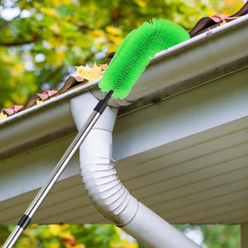 NUOLUX Stainless Steel Gutter Brush, Spider Web Preventer, Cleaner Tool with Telescopic Extension Poles (2 Brushes + 6 Poles), 230cm X 16cm X 8cm
