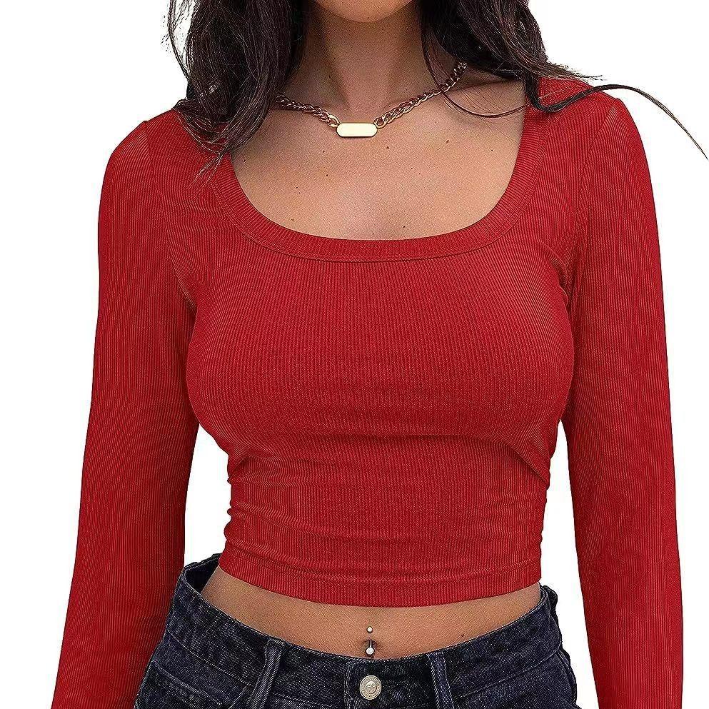 Square Collar Long Sleeve Casual Women T Shirts Green Autumn Skinny Sexy Solid Basic Crop Tops Fashion Streetwear