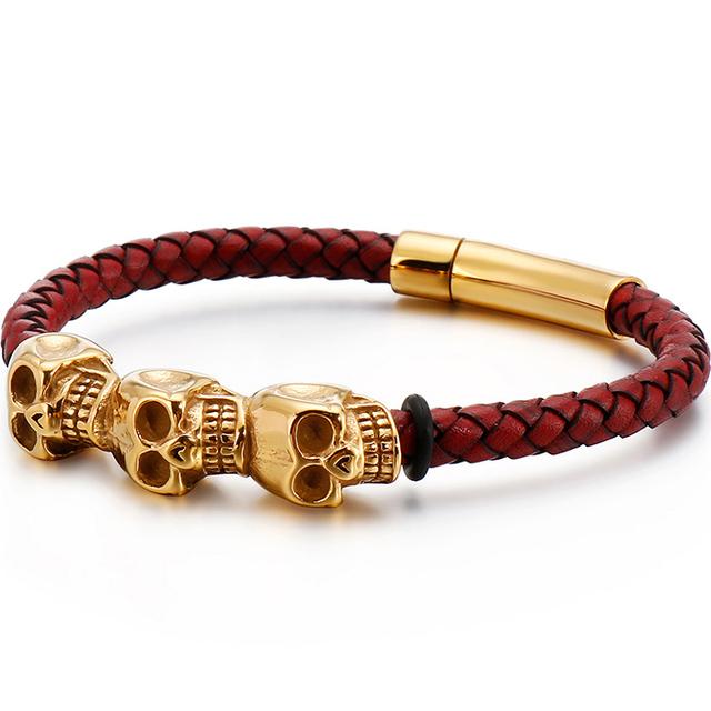 Bracelet tressé en cuir rouge noir pour hommes, en cuir de vache, Punk Rock gothique, en acier inoxydable 316L, bijoux tête de crâne