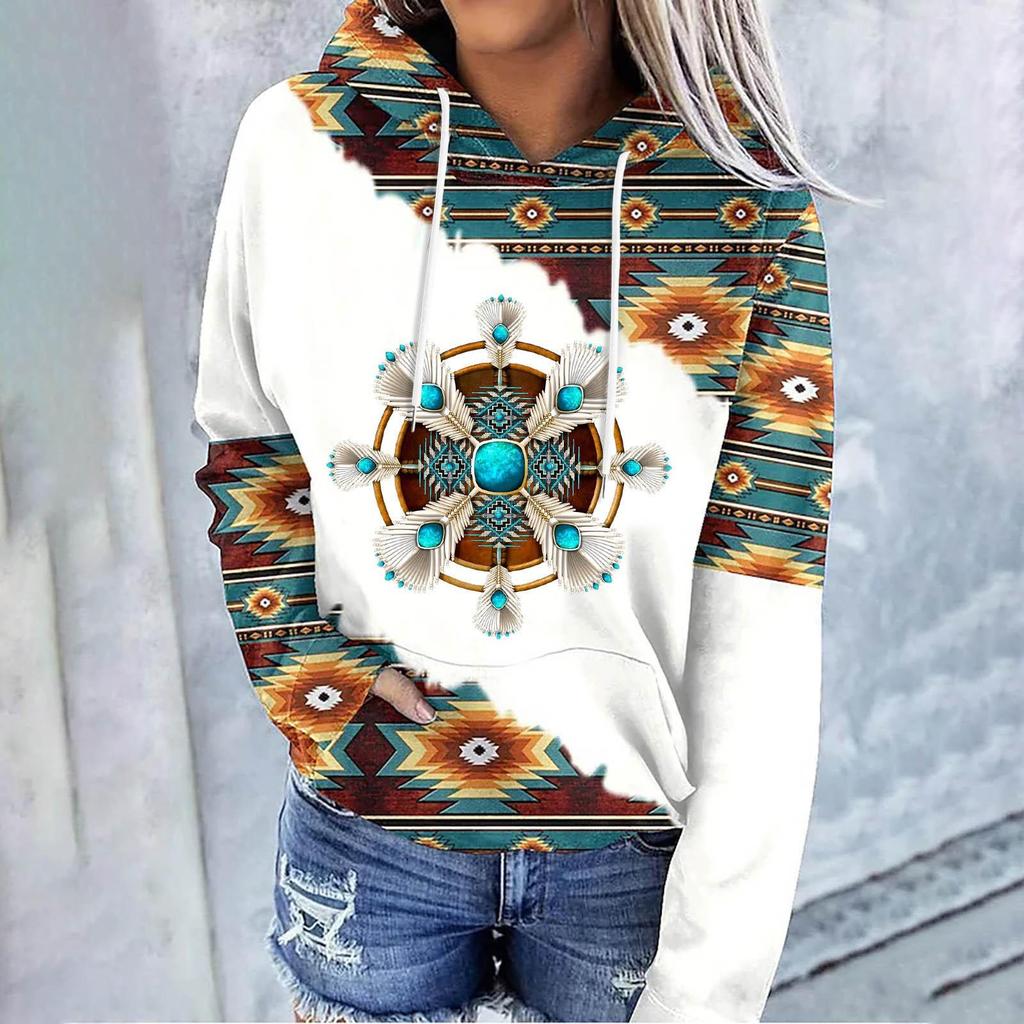 Lässiges, langärmliges Pullover-Oberteil mit Kordelzug für Damen mit geometrischem Pferdemuster, Kapuzen-Sweatshirt im Ethno-Stil