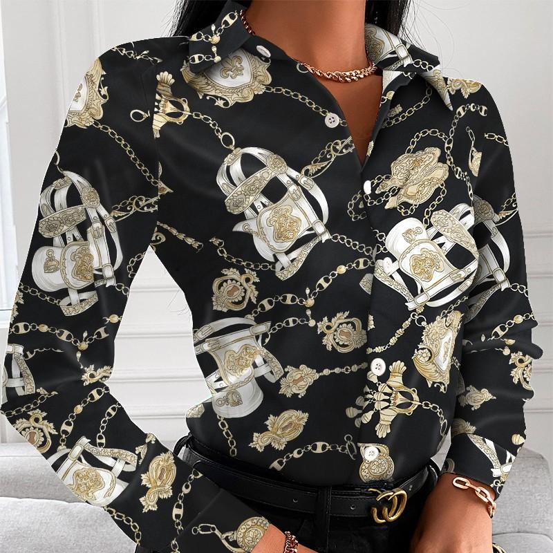 Damen Herbst Locker Langarm V-Ausschnitt Knopf Bedruckte Hemdbluse