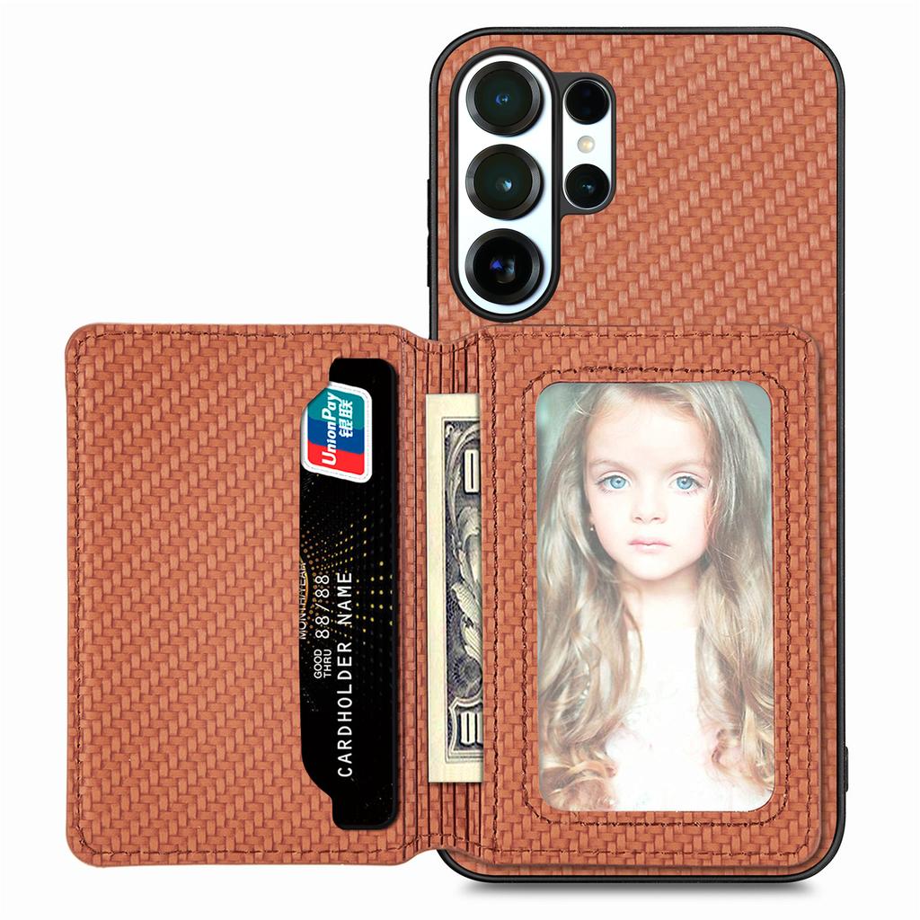Business Magnetic Carbon Fibrer Cards Solt Wallet Phone Case For Samsung S25 Ultra S24 Plus S23 A17 A07 Kickstand Flip Cover