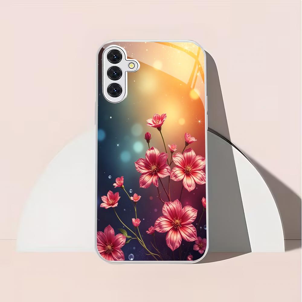 Capa de telefone de vidro banhada a prata com design de flor adequada para Samsung Galaxy S26 S25 S24 S22 S21 S20 FE/Ultra/Plus capa rígida