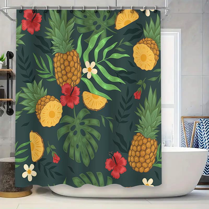 

Green Pineapple Hibiscus Shower Curtain Tropical Bathroom Decor With Honeysuckle Flower Print Home Waterproof Fabric For Bathtub W60H190(CM)-1 Pcs