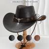 Vintage Faux Leather Classic Wide Brim Cowboy Hat Bullhead Decor Outdoor Sun Shield Hat Men Women Western Style Cowgirl Jazz Cap