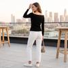 Women's Button Off-Shoulder Long Sleeve Knit Top Slim Fit Elegant Blouse for Work