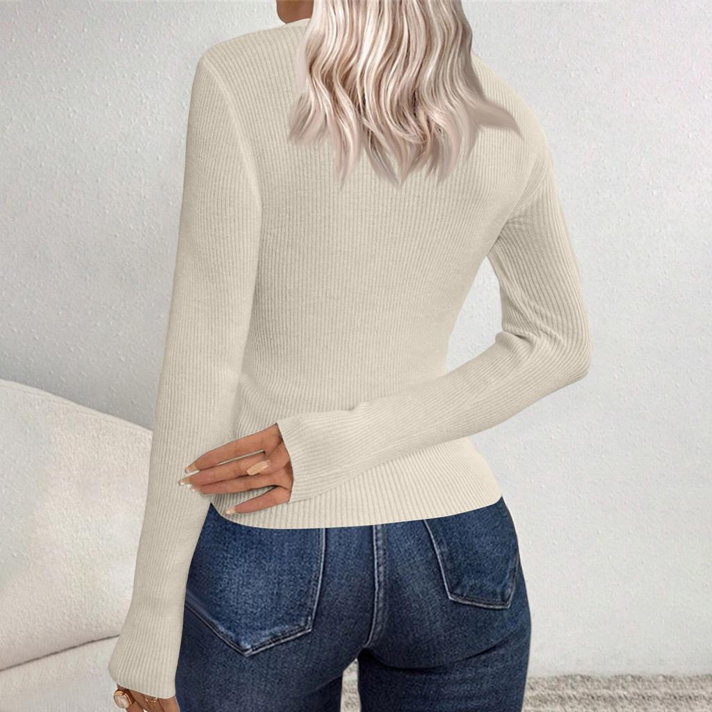 Women's Casual Solid Color V Neck Slim Button Knit Sweater Long Sleeved Base Sweater Sweater