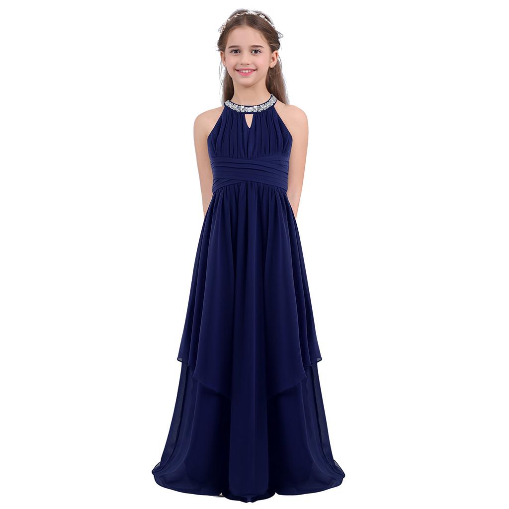 Kids Girls Sequined Neckline Chiffon Girls Flower Dress Junior Wedding Dance Party Graduation Gowns