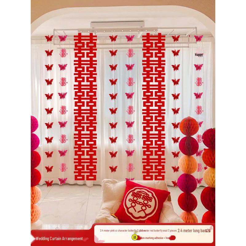 Wedding Room Decor Set: Double Happiness Curtains, Bay Window Trim, Bedroom Bows