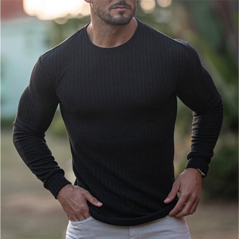 Men's Autumn Sports Fitness Casual Stand Collar Stretch Ribbed Crew Neck Long Sleeve Activewear