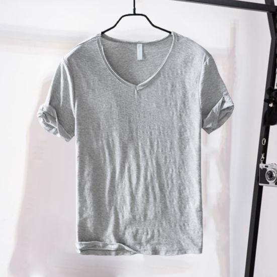 Summer Men Thin Breathable T-shirt V-neck Short Sleeve Solid Color Casual Basic Tees Casual Bottoms Pullover Tops