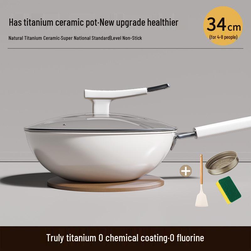 Titanium Ceramic Flat-Bottomed Non-Stick Stir-Fry Pan, Milk White, Wear-Resistant and Scratch-Resistant for Kitchen Use