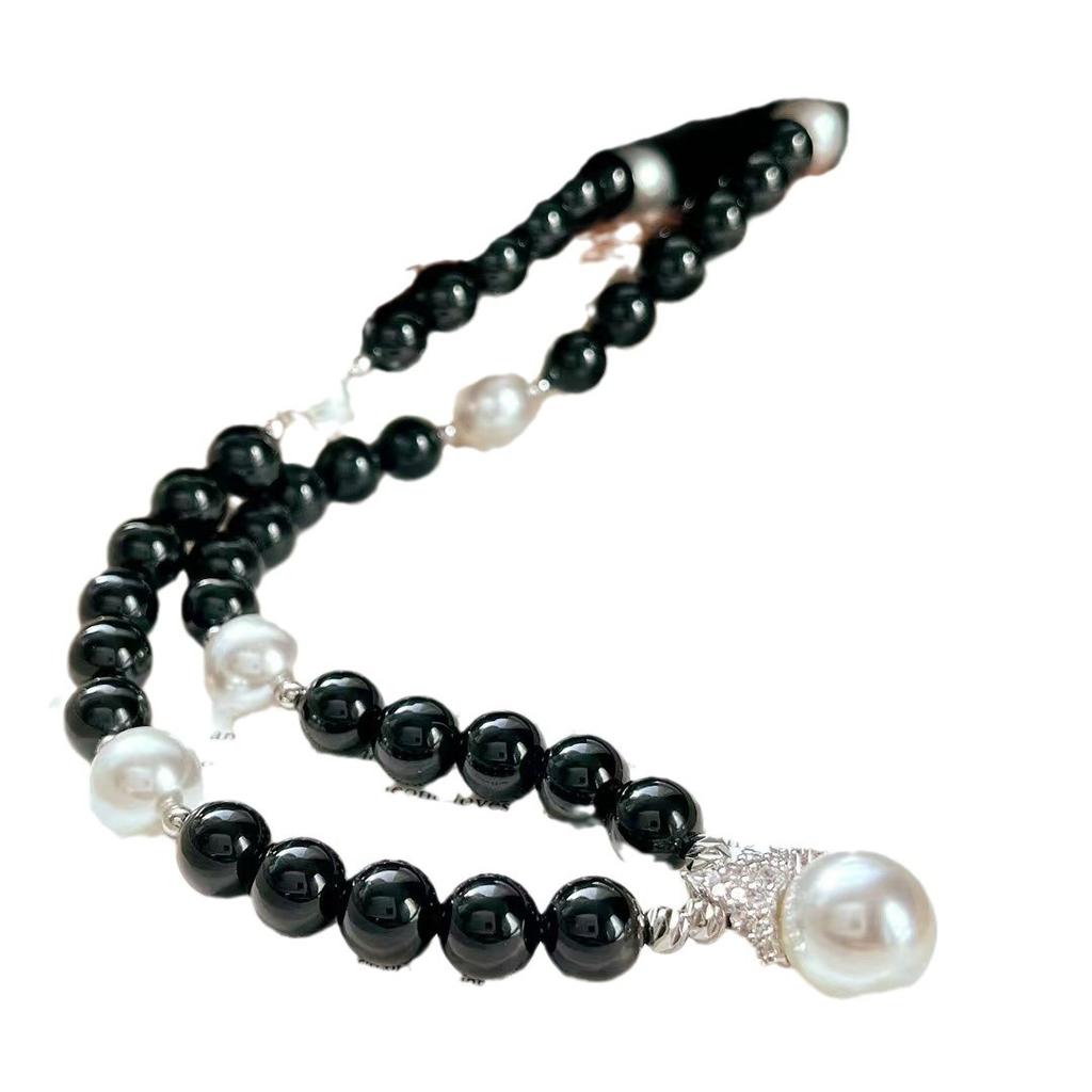 High Matching Retro Design Sense High Quality Natural Black Agate Ice Snowflake Queen Sweater Chain Necklace