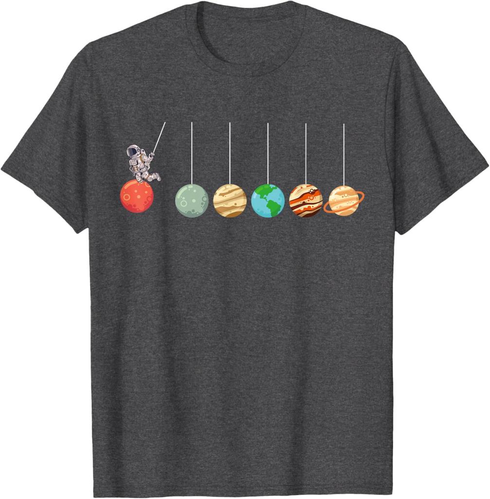 Solar System Pendulum Astronaut Graphic Tee Funny Science Enthusiasts Casual Short Sleeve T-Shirt