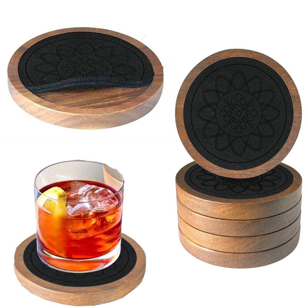Heat Resistant Felt Wooden Tea Mat Vintage Wooden Drink Placemats Round Wood Coasters  Coffee Bar
