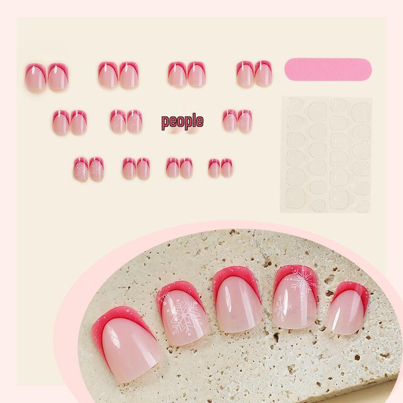 2024 Snowflake Glitter Pink French Press-on Nails, 24 Short Pieces