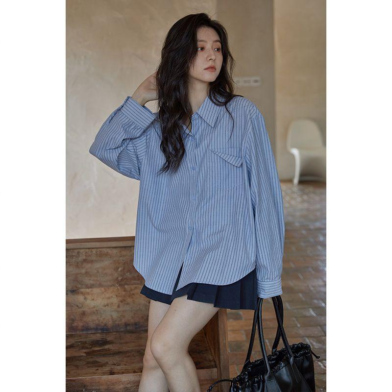 

Женская рубашка в французскую полоску, осенний тонкий женский кардиган с длинными рукавами, топ в стиле ретро, ​​повседневная универсальная свободная блузка в стиле ретро 2XL