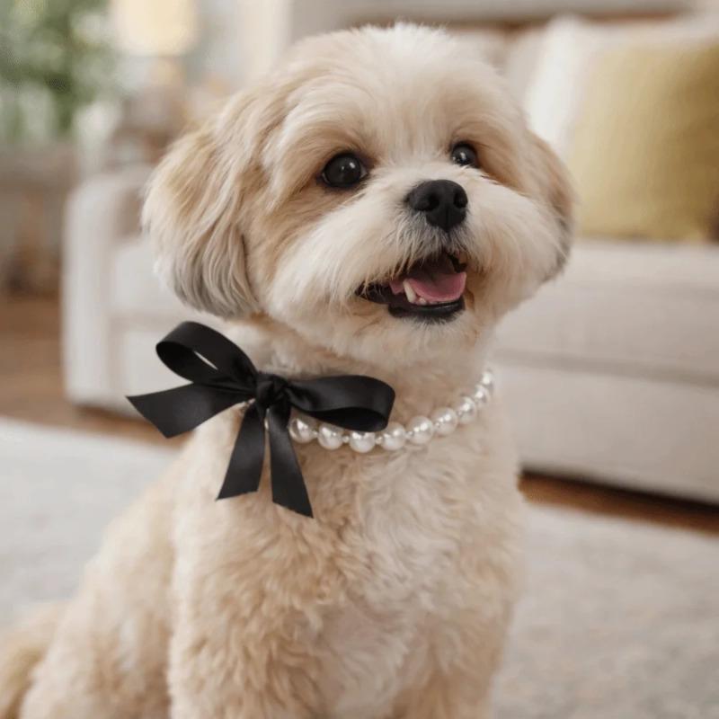 Adjustable Pearl Pet Collar Simulated Pearl Cat Bead Collar Necklace Elegant Bow Knot Ribbon Dogs Cats Collar Pets Accessories