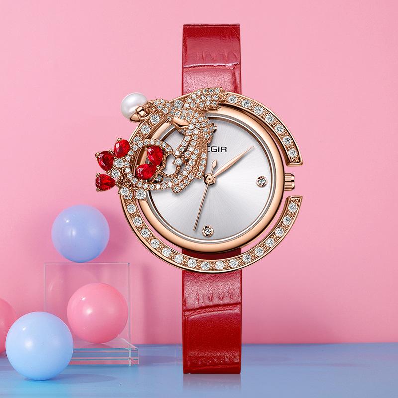 

Женские часы Meguel MEGIR, высококачественная натуральная кожа, вставка бриллиантов, 3D подарок, импортный медный корпус, кварцевые часы 4199