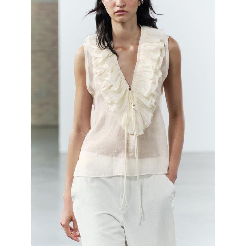 Za2024 Summer New Product Women's Clothes V Neck Sleeveless Shoelace Laminated Decoration Ruffle Top 3324505 712