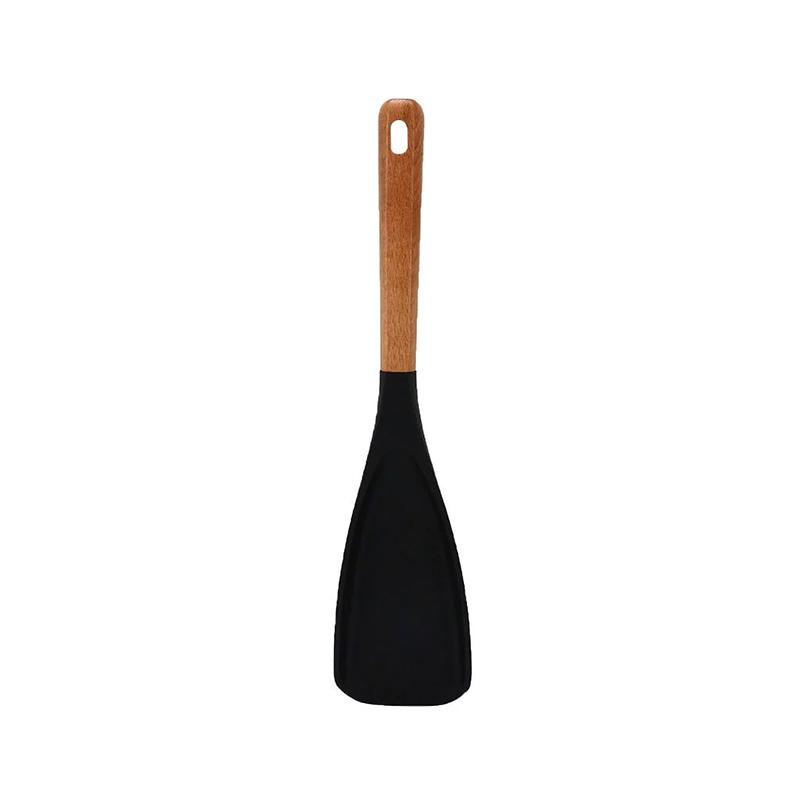 Silicone Cooking Spatula Wooden Handle Dense Shovel Fried Fish Omelette Shovel Non-stick Salad Mixing Spoon Kitchen Tools чёрный