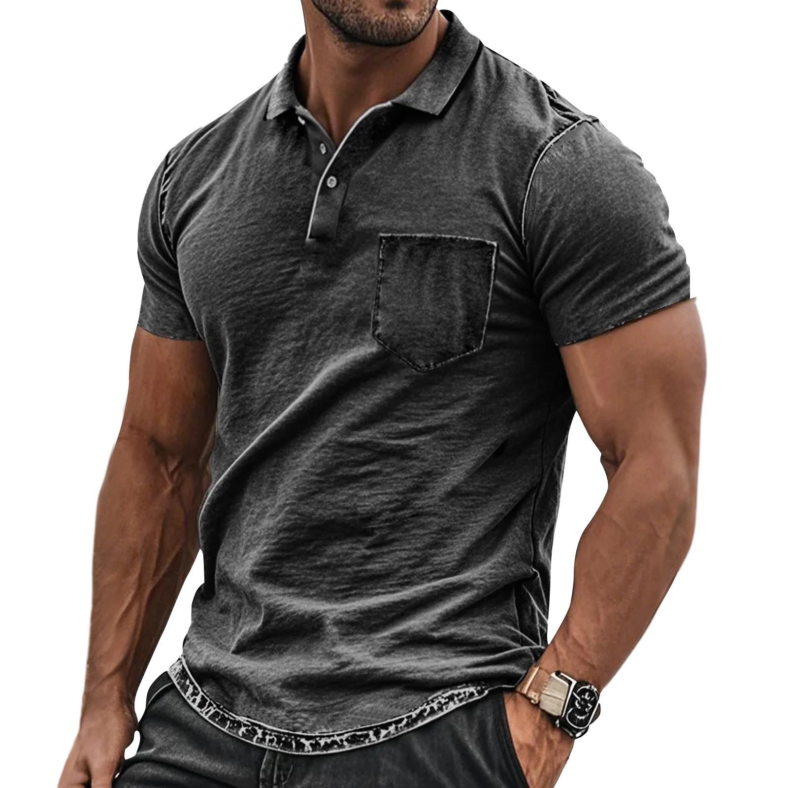 

Мужская летняя ретро винтажная однотонная спортивная футболка с пуговицами и карманом XL чёрный