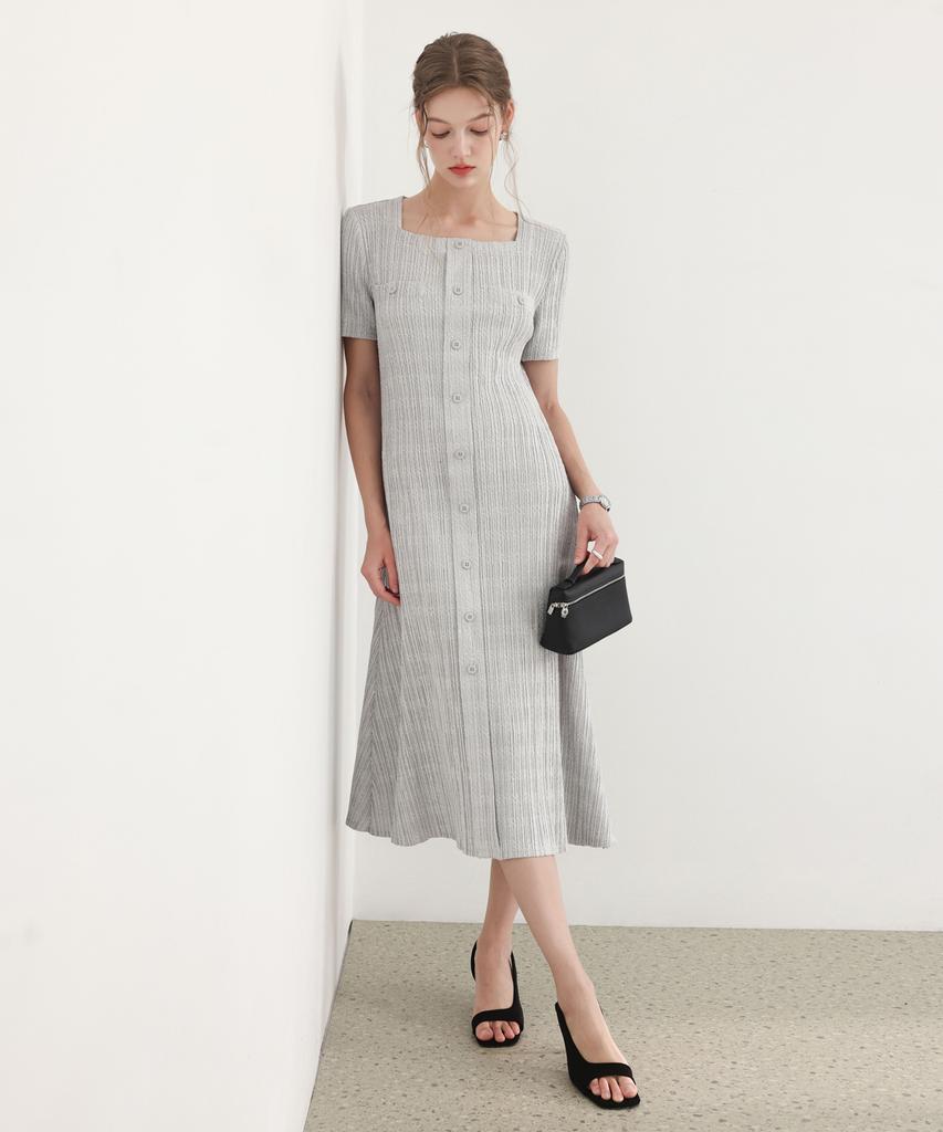 PLEATSMOOD Tweed Pleated Square Neck Dress