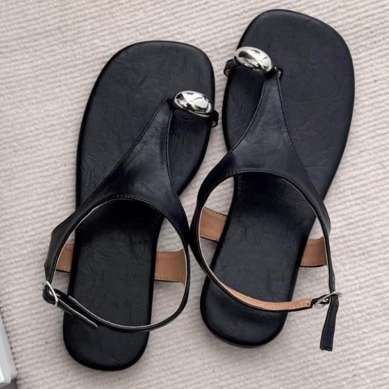 Fashion Summer Leather Women's Shoes Roman New Retro Vintage Metal Buckle Toe Herringbone Sandals Vacation Beach Elegant Women Sandals
