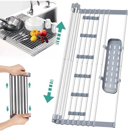 Folding Over-the-Sink Dish Drainer with Silicone Tray and 6 Non-Slip Buttons, Made of Stainless Steel and Silicone, Rust-Proof, Antibacterial, Expanda