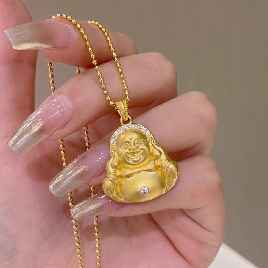 Diamond-Encrusted Smiling Maitreya Buddha Pendant Necklace - Gold With Sand Inlaid Diamonds, Women's Collarbone Chain