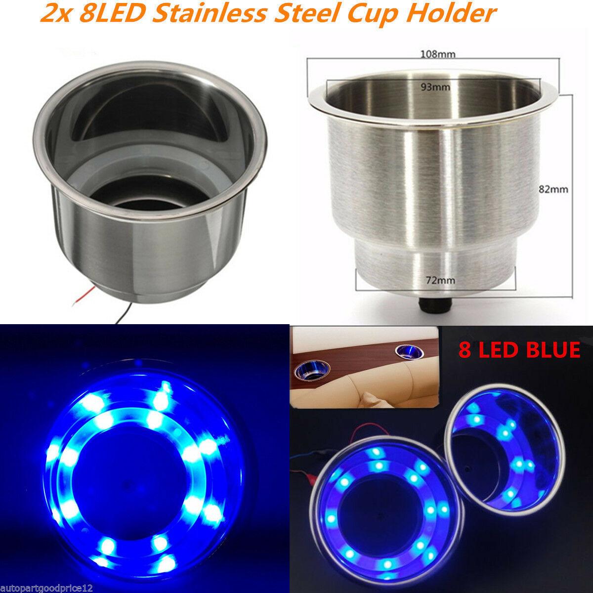 

2 x Marine Boat Car Stainless Steel Cup Bottle Holder Mount Blue LED