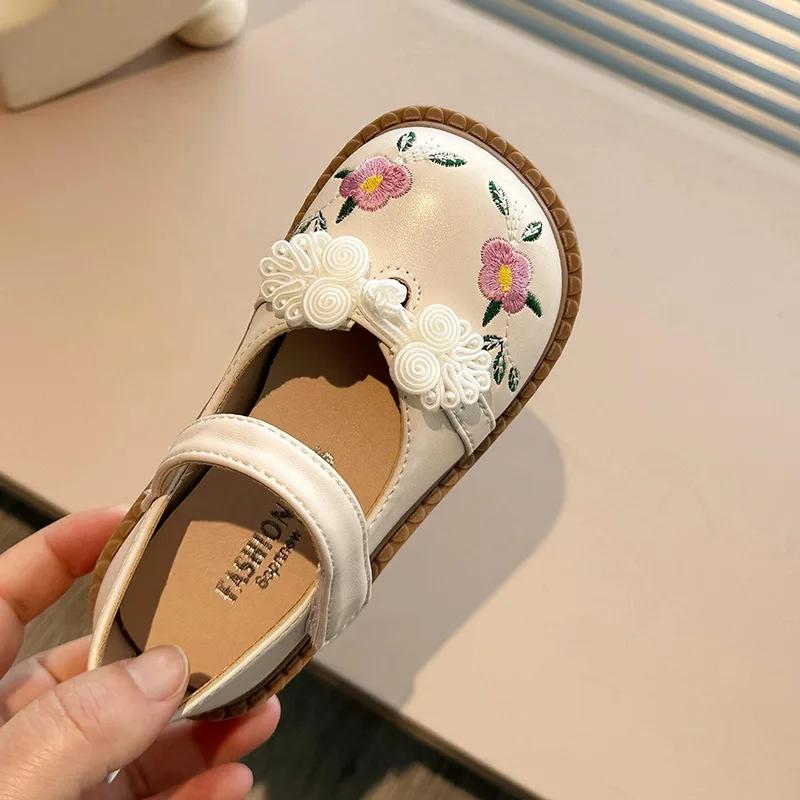 Móda Dětská Kožená Bota Móda Vyšívané Květiny Dívčí Ploché Boty Kauzální Všestranné Jaro Podzim Dětské Princeznovské Boty Protiskluzové